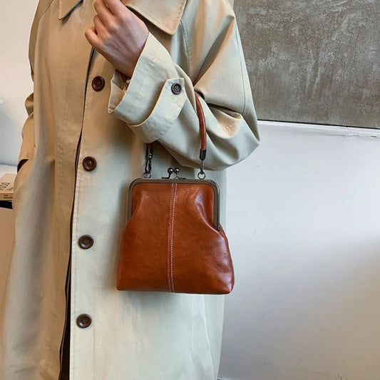 Elegant Kiss Lock Shoulder Bag | Large Capacity Retro Chinese Style Crossbody Bag & PU Leather Solid Color Vintage Women's Handbag Luxegan