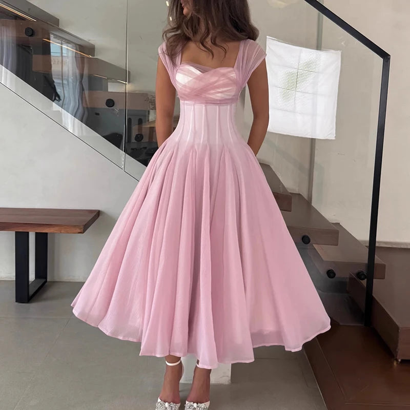 Solid Slash Neck Sleeveless Ruffle Detail Regular Fit A-Line Ankle-Length Dress – Natural Waist, All Season Luxegan