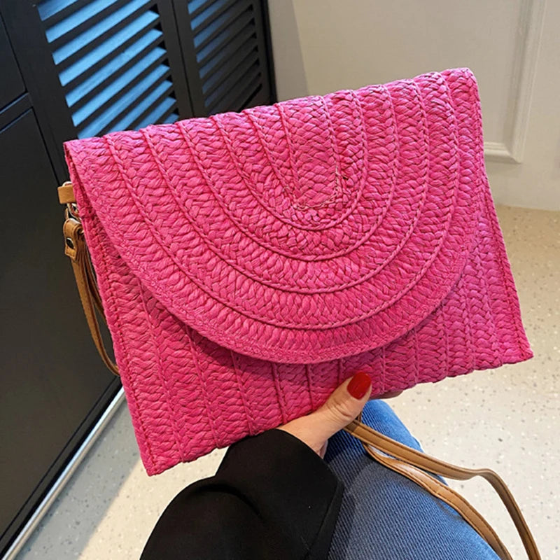 Bolsos de playa de verano para mujer Bolso bandolera de paja hecho a mano con sobre Bolso de hombro trenzado Bolso de mano de vacaciones tejido