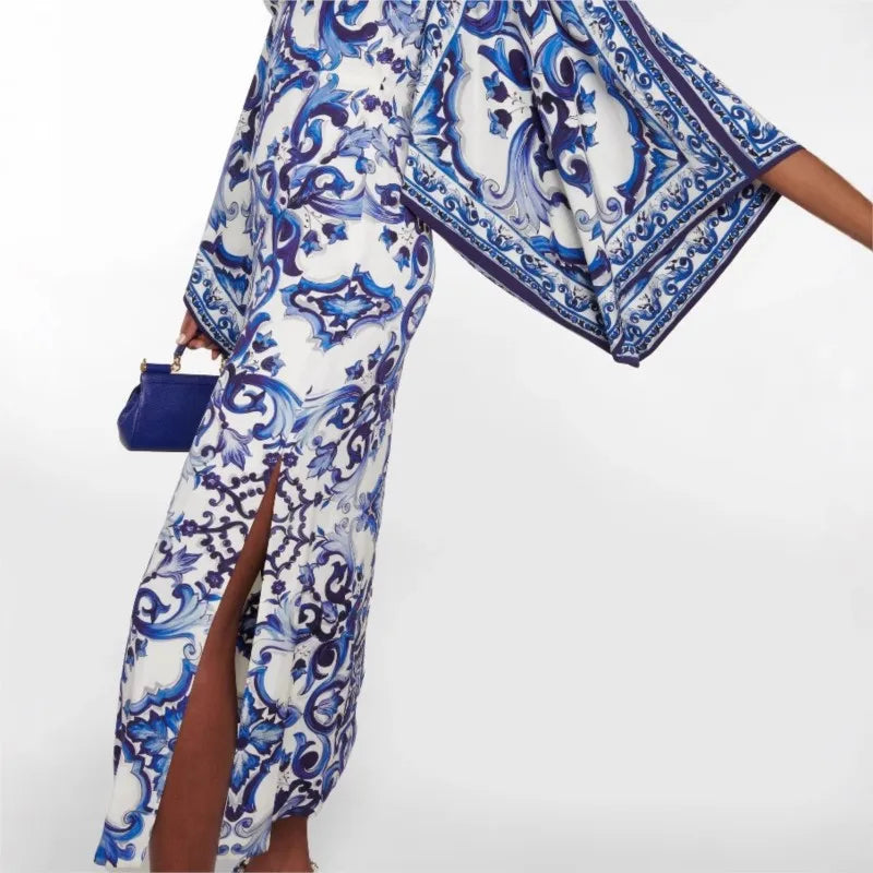 Blue & White Porcelain Print Midi Dress – Slash Neck, 3/4 Sleeve, Side Split Luxegan