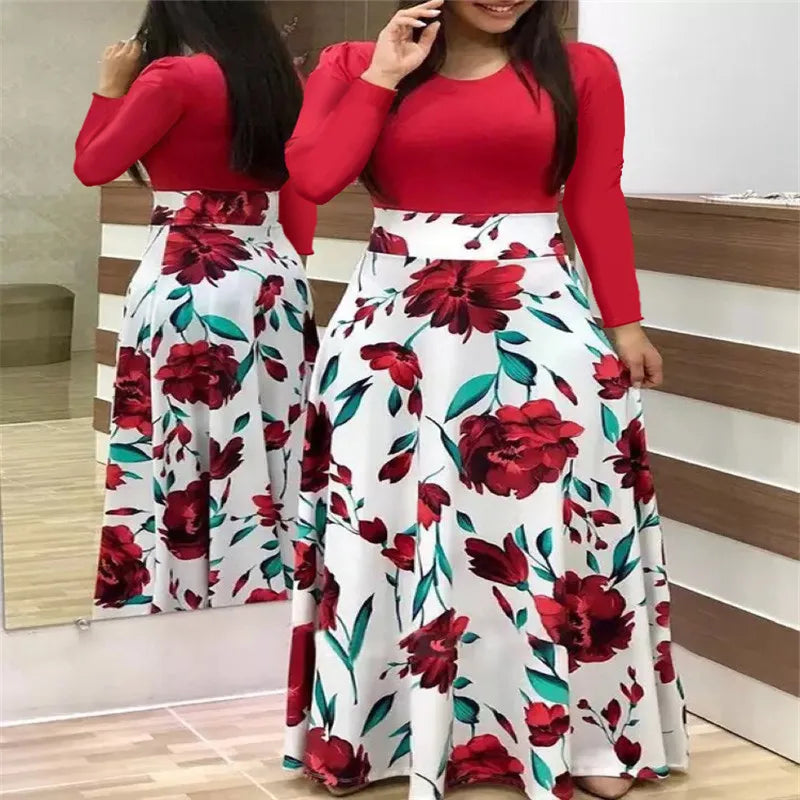 Print Round Neck Regular Fit Straight Ankle-Length Dress – Short & Long Sleeve Options, Spring/Summer