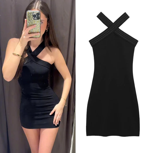 Women's Solid Black Halter Mini Dress | Elegant Sleeveless Backless Party Evening Dress | Slight-Stretch Slim-Fit Spring Summer Sheath Dress Luxegan