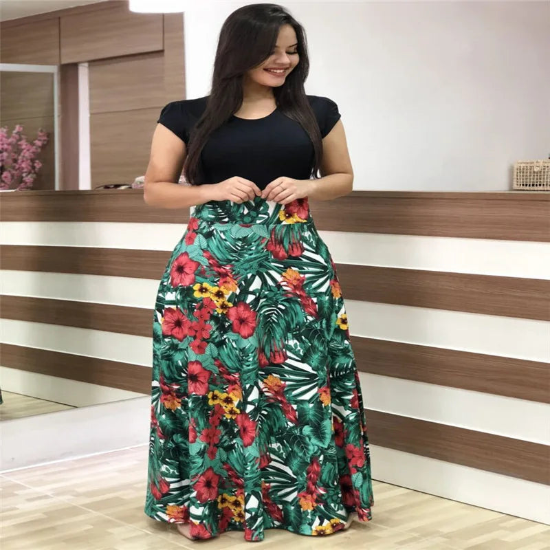 Print Round Neck Regular Fit Straight Ankle-Length Dress – Short & Long Sleeve Options, Spring/Summer