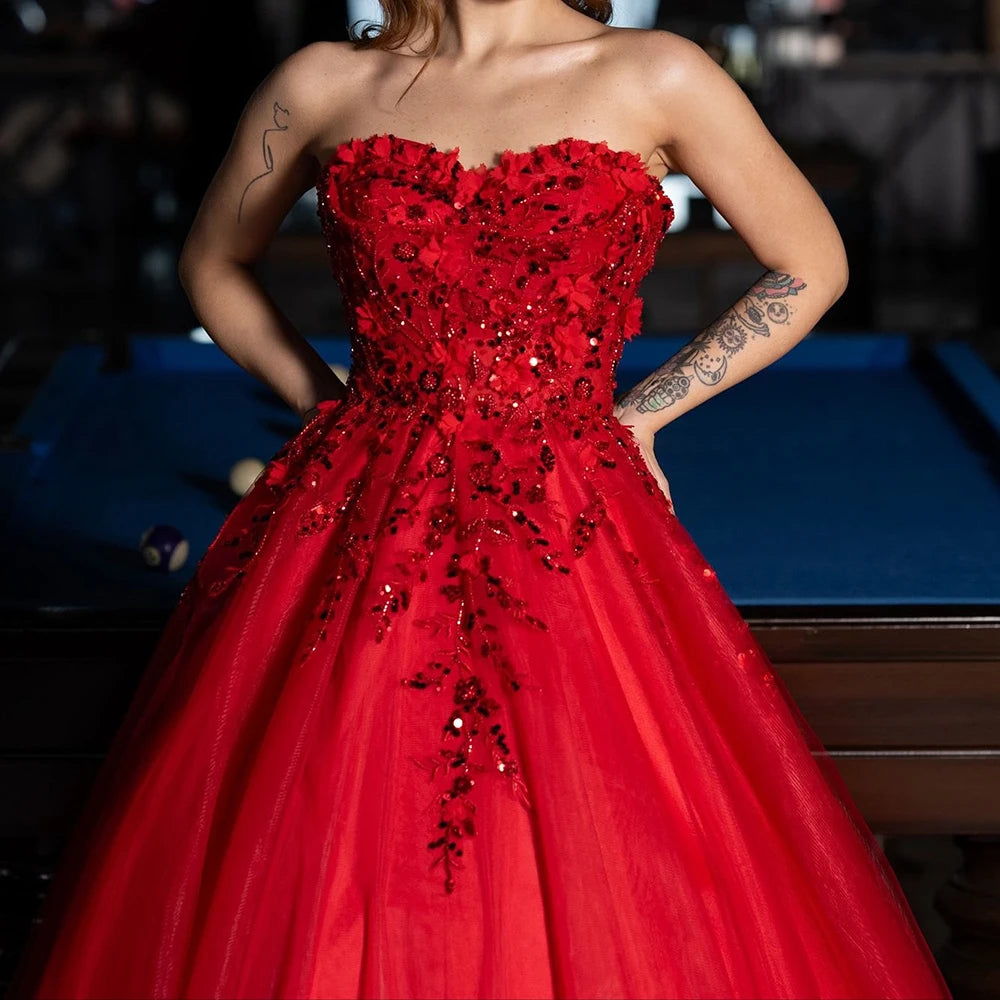 Sequined Floral A-Line Evening Gown | Strapless Sleeveless Floor-Length Prom Dress Luxegan