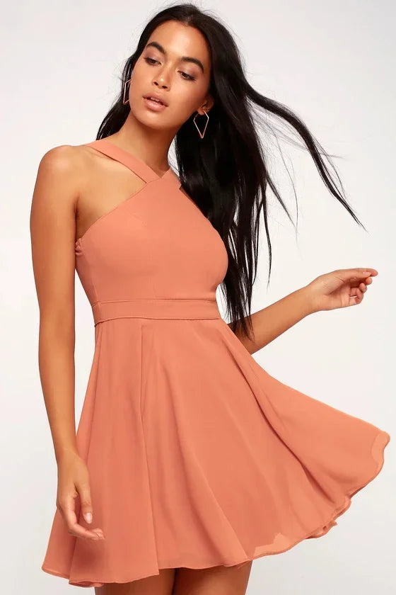 Solid Halter Sleeveless Hollow-Out Loose Fit A-Line Mini Dress – Non-Stretch Chiffon, Empire Waist, Summer Luxegan