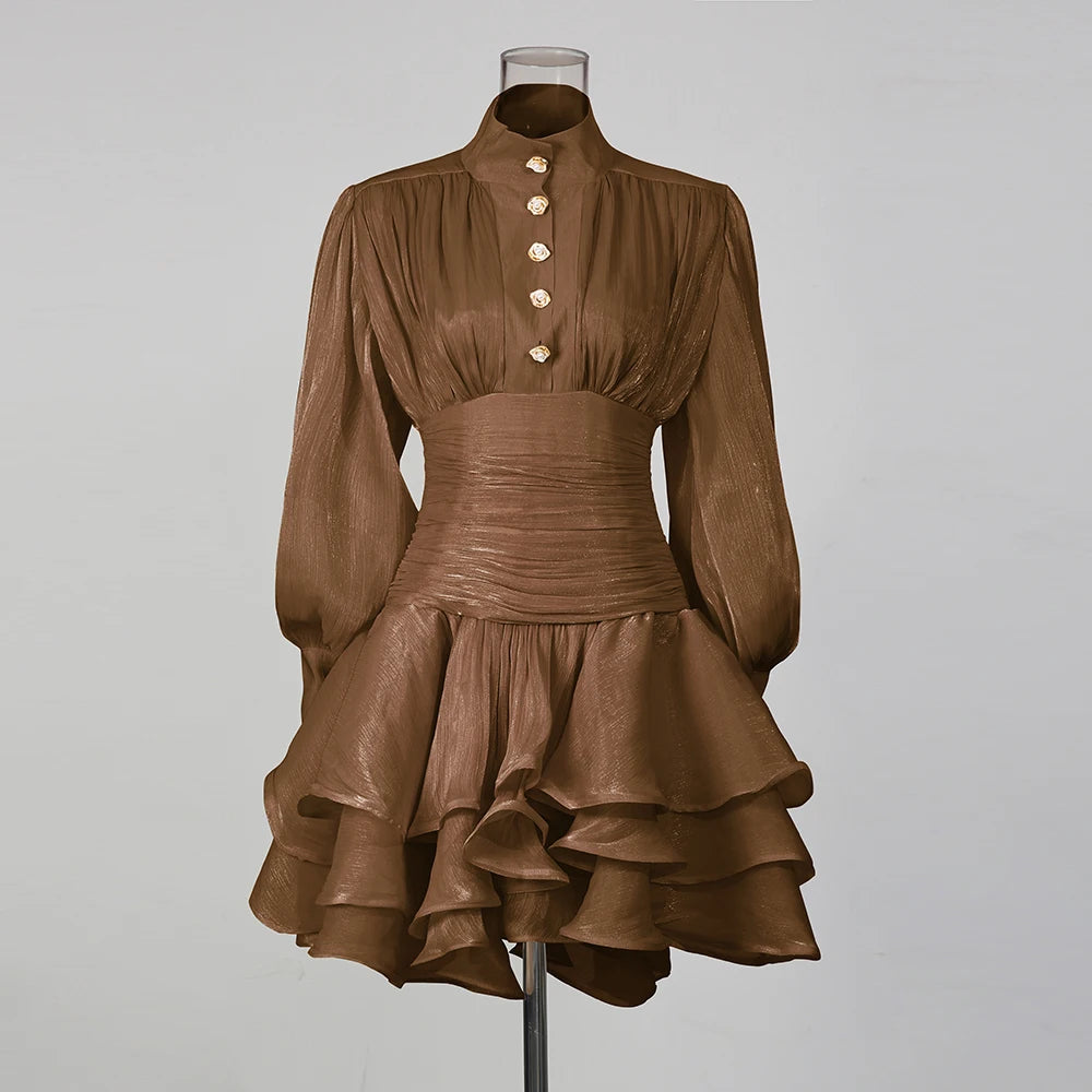 Solid Stand Collar Long Puff Sleeve Tiered Detail Slim Fit A-Line Knee-Length Dress – Empire Waist, Spring/Summer Luxegan