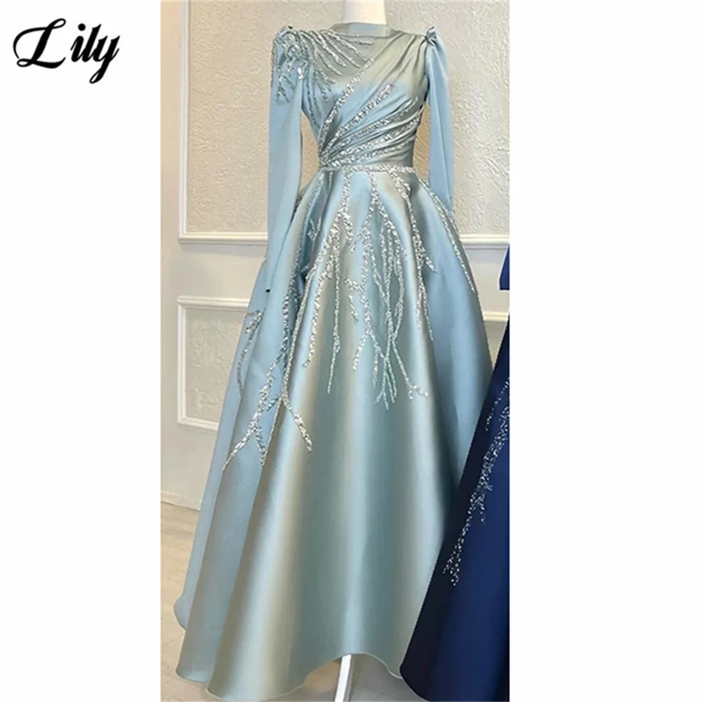 Lily Dark Blue Elegant Prom Dresses Satin High-Neck Long Sleeves Evening Dresses with Beaded Embroidery فساتين السهرةCustomized