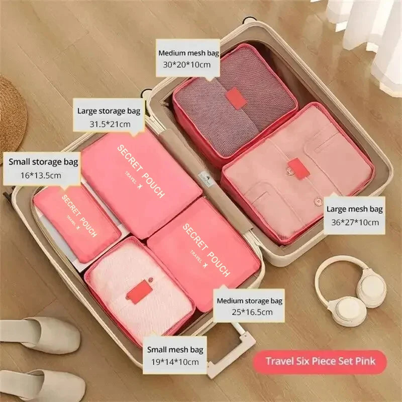 6Pcs Luggage Travel Bags | Underwear Shoes Storage Bag & Oxford Waterproof Cloth Suitcase Pouch Cube (Red Organiser for Clothing) Luxegan