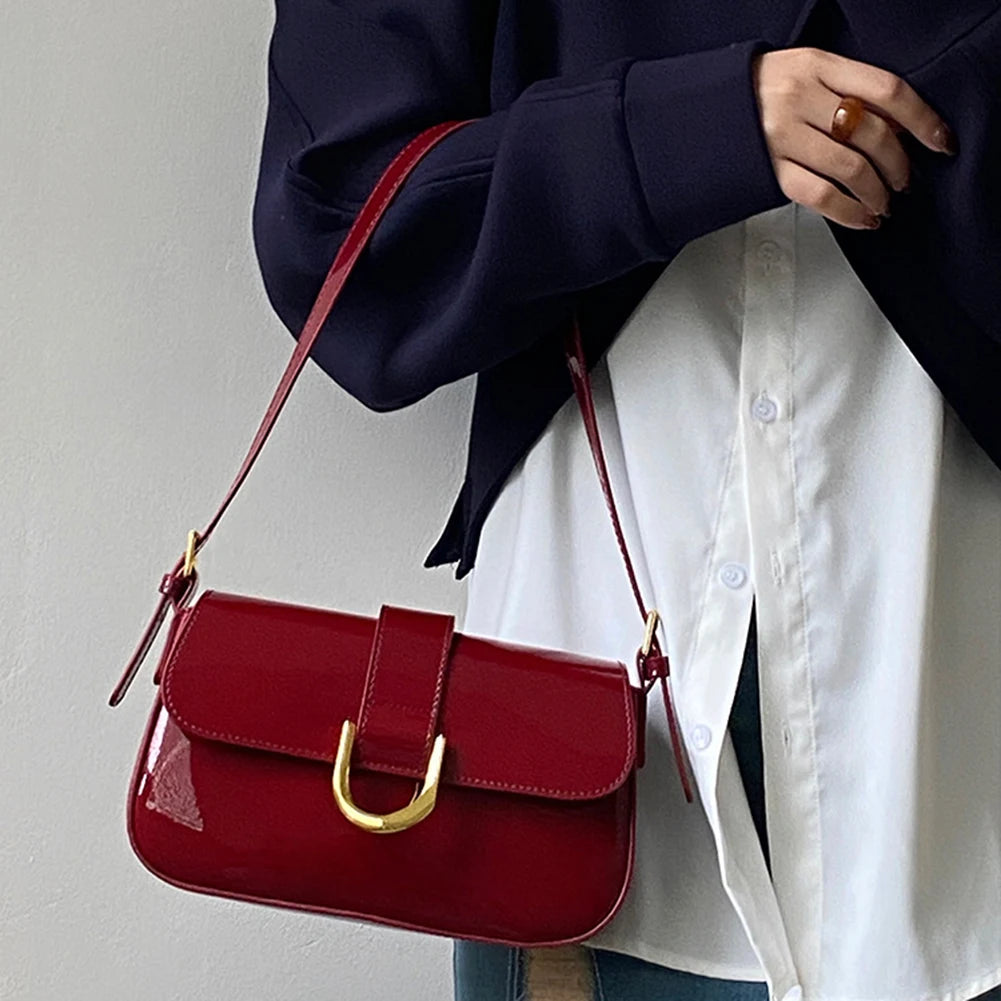 Retro Patent Leather Shoulder Bag for Women | Luxury Flap Crossbody & Solid Color Underarm Bag (Red Lady Handbag Luxegan