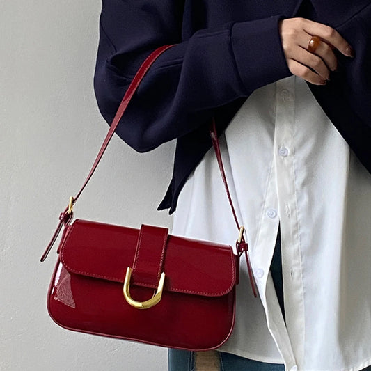Retro Patent Leather Shoulder Bag for Women | Luxury Flap Crossbody & Solid Color Underarm Bag (Red Lady Handbag Luxegan