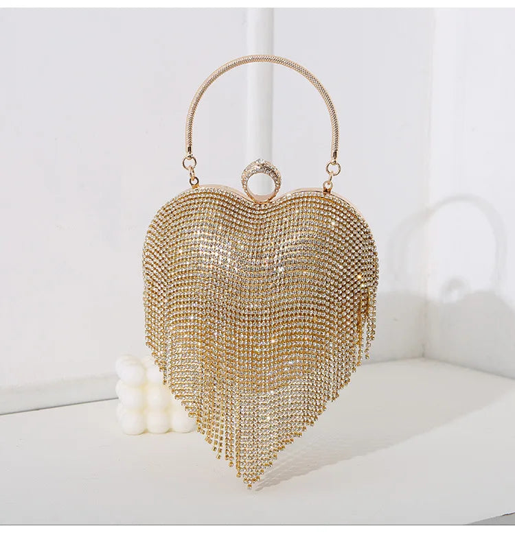Rhinestone Evening Bag | Heart Pattern Silver Handbag & Diamond Tassel Clutch Luxegan