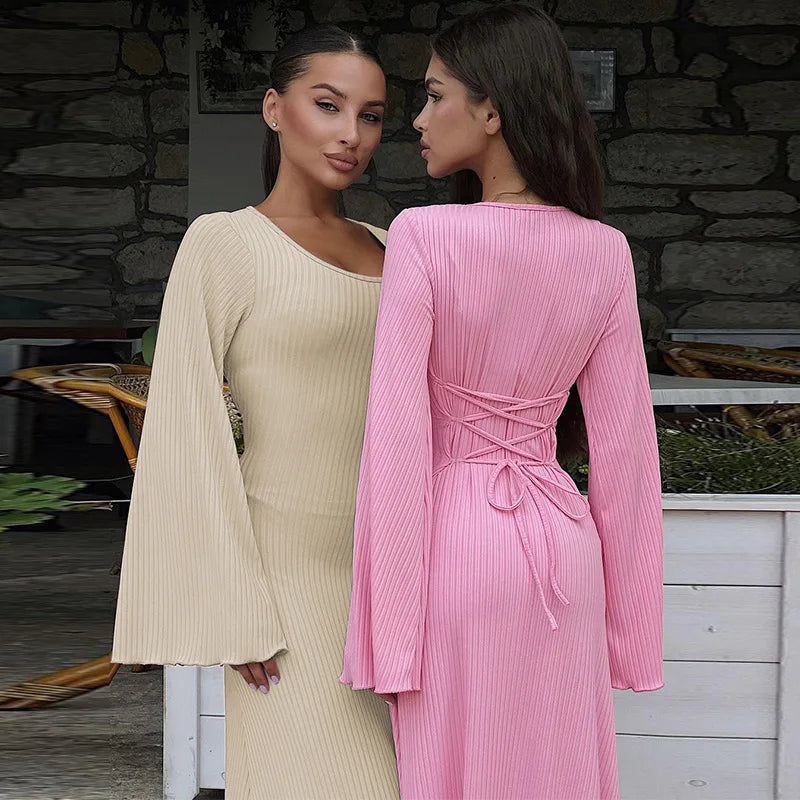 Long Flare Sleeved Maxi Floor-Length Dress | Summer Solid Color Casual Office Lady Dress | Premium High-Stretch Slim Fit Lace-Up Vestido | Elegant O-Neck Empire Waist Spring/Summer Long Gown Luxegan