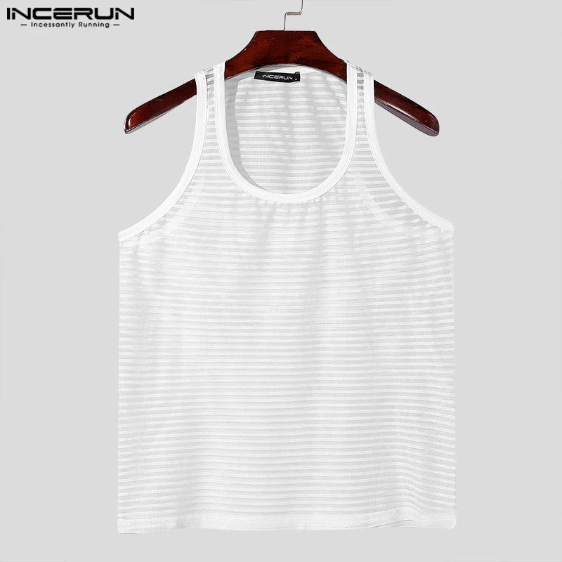 Camisetas informales de moda INCERUN nuevas camisetas sin mangas a rayas transparentes y sexys para hombre, chalecos finos ajustados para discoteca masculina