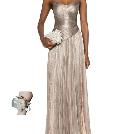 Elegant A-Line Strapless Evening Gown | Shiny Pleated Satin Formal Party Dress | Sophisticated Corset Prom Gown | Premium Sleeveless Floor-Length Non-Woven Gown Model 3MQF251208M Luxegan