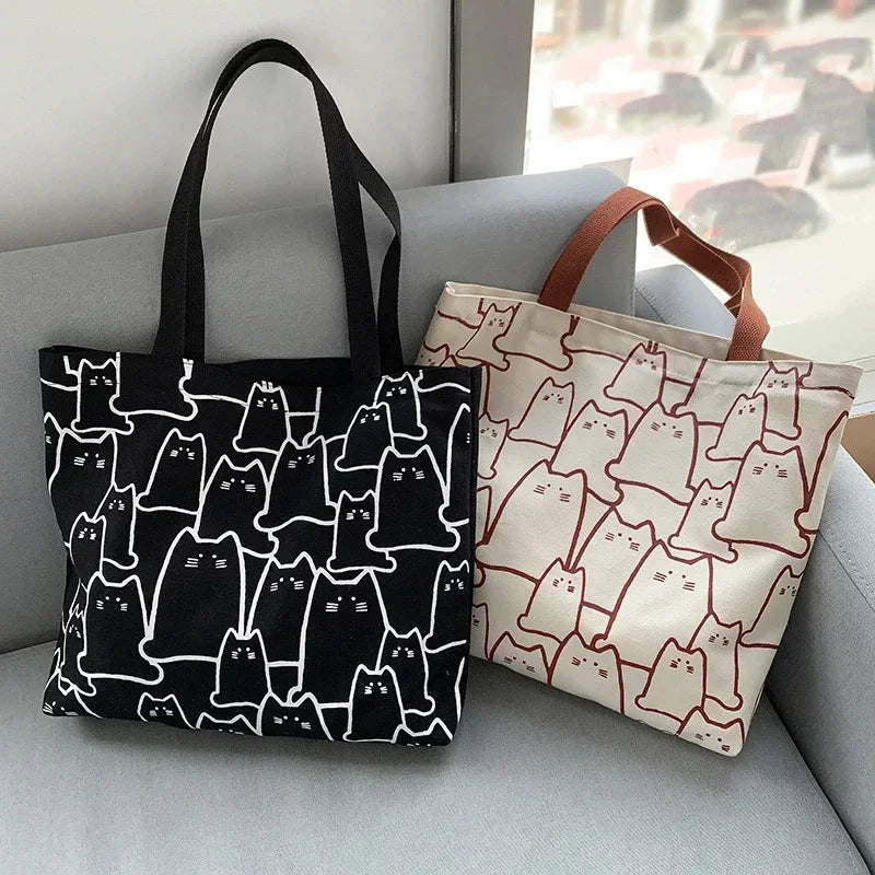 Canvas Animal Print Casual Tote | Hard Cute Cat Japanese Cartoon Shopper Bag Luxegan