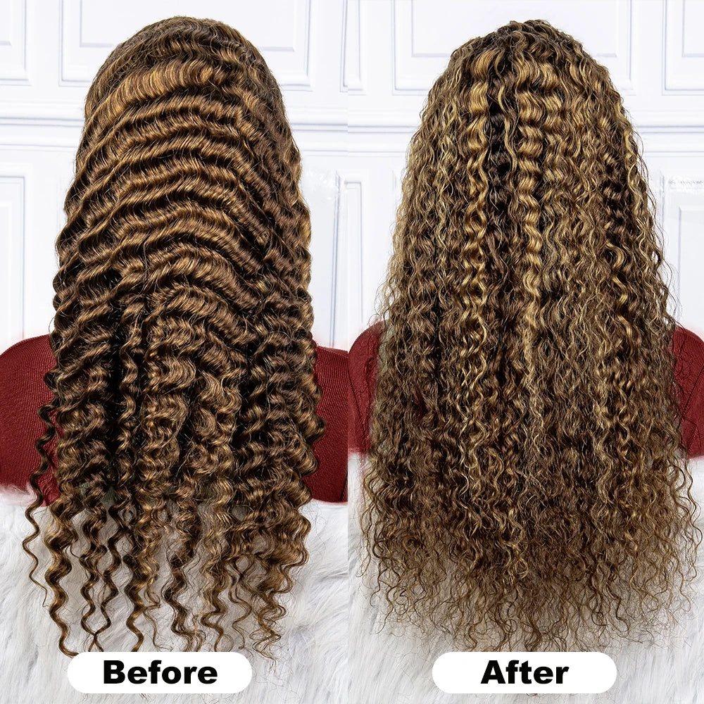 Honey Blonde Highlight Deep Wave HD Lace Wig | Sophisticated 13x6 & 13x4 Transparent Frontal | Elegant "Brazilian Remy" 26+ Inch Silhouette | "Dignified" Pre-Plucked Curly Human Hair for Radiant Versatile Styling Luxegan