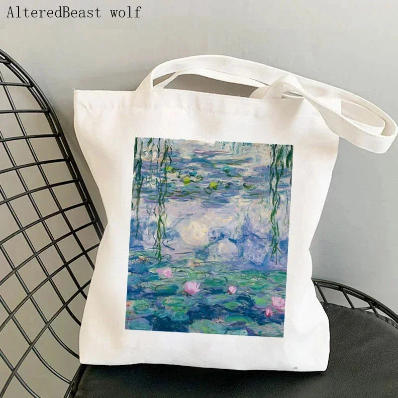 Monet Water Lilies Canvas Shoulder Bag | Sophisticated Kawaii Harajuku Shopping Tote | Elegant Art-Inspired Shopper Handbag | "Dignified" Durable Square Purse for Versatile Daily Styling Luxegan