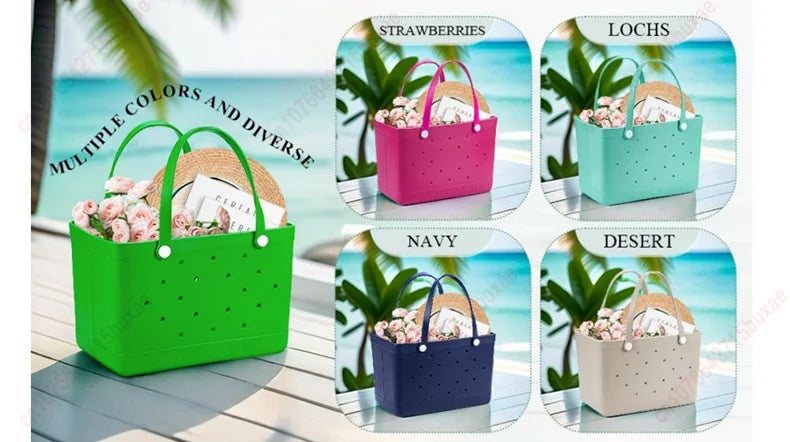 Large EVA Beach Basket Tote | Waterproof Summer Picnic Handbag | Hollow Out Rubber Shoulder Bag with Pouch | Unisex Lightweight Shopping Basket for Beach & Pool Luxegan