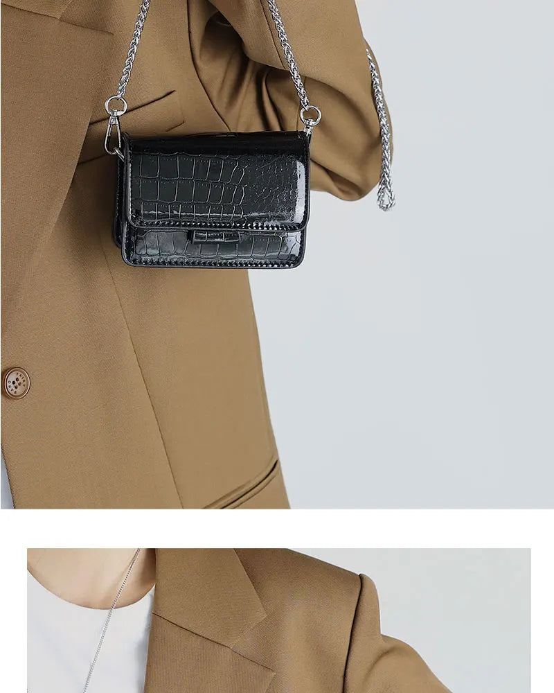 Summer Patent Leather Chain Mini Handbag | Women's Silver PU Crossbody Bag | HARD Fashion Square Buckle Lipstick Purse Luxegan