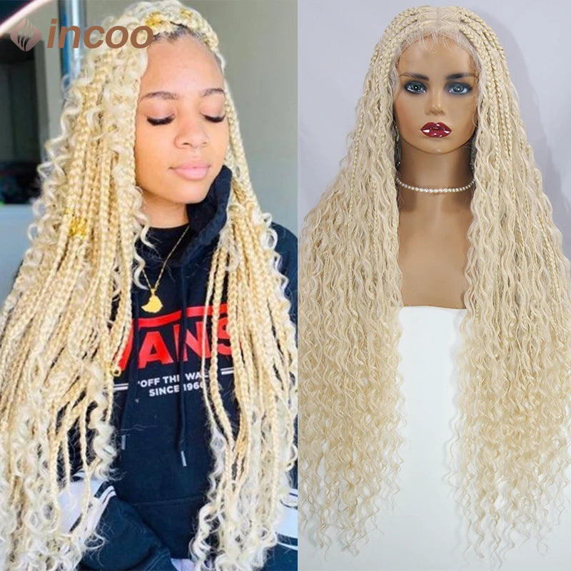 Boho Box Braided Wigs Curly Hair Synthetic Full Lace Front Wigs for Women Goddess Locs Braid Wig Burgundy Bohemian Box Braid Wig Luxegan