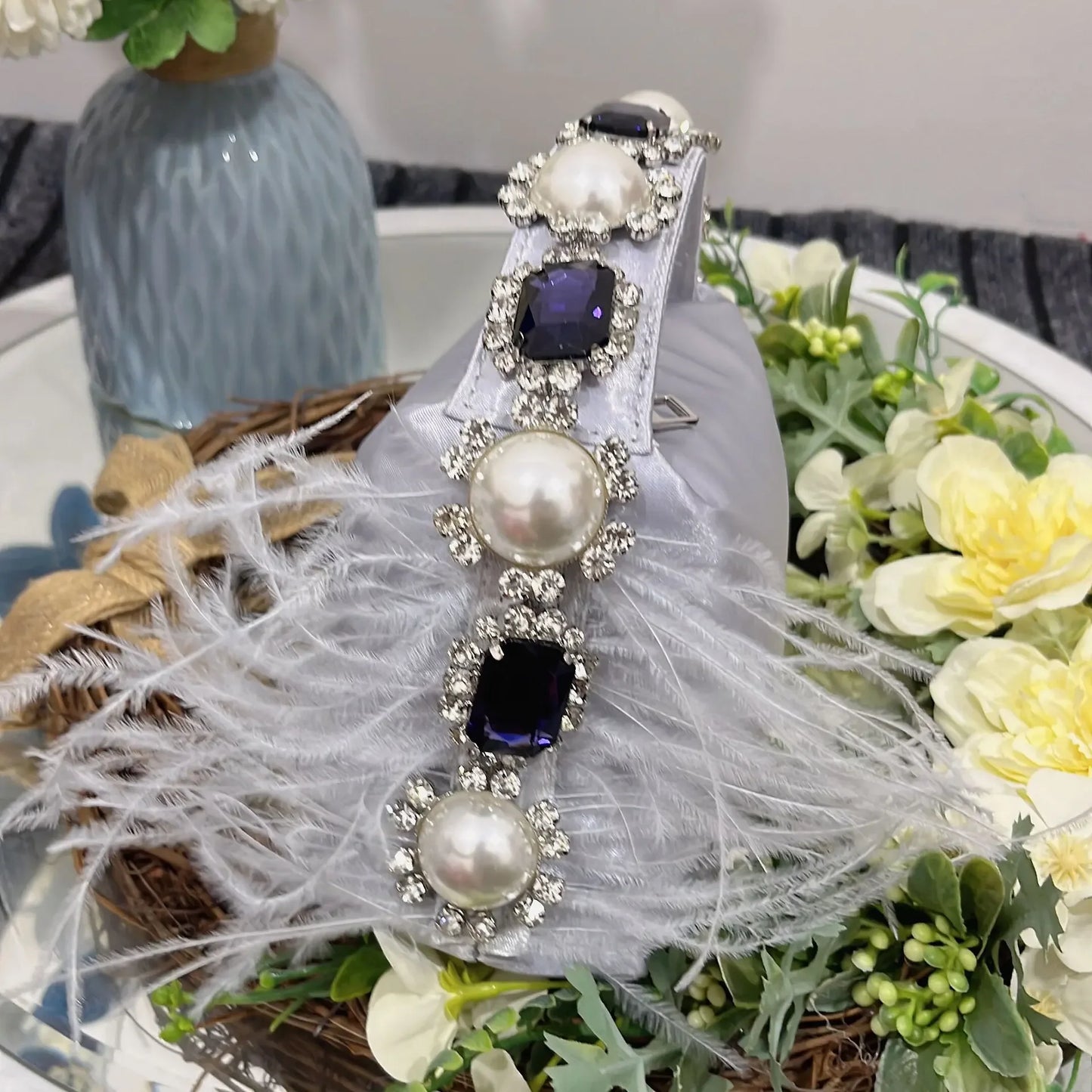 Luxury Feather & Pearl Evening Clutch | Designer Satin Wedding Purse with Diamond Decoration | Fashionable Sparkling Square Party Tote | Elegant White Satin Flap Handbag Luxegan