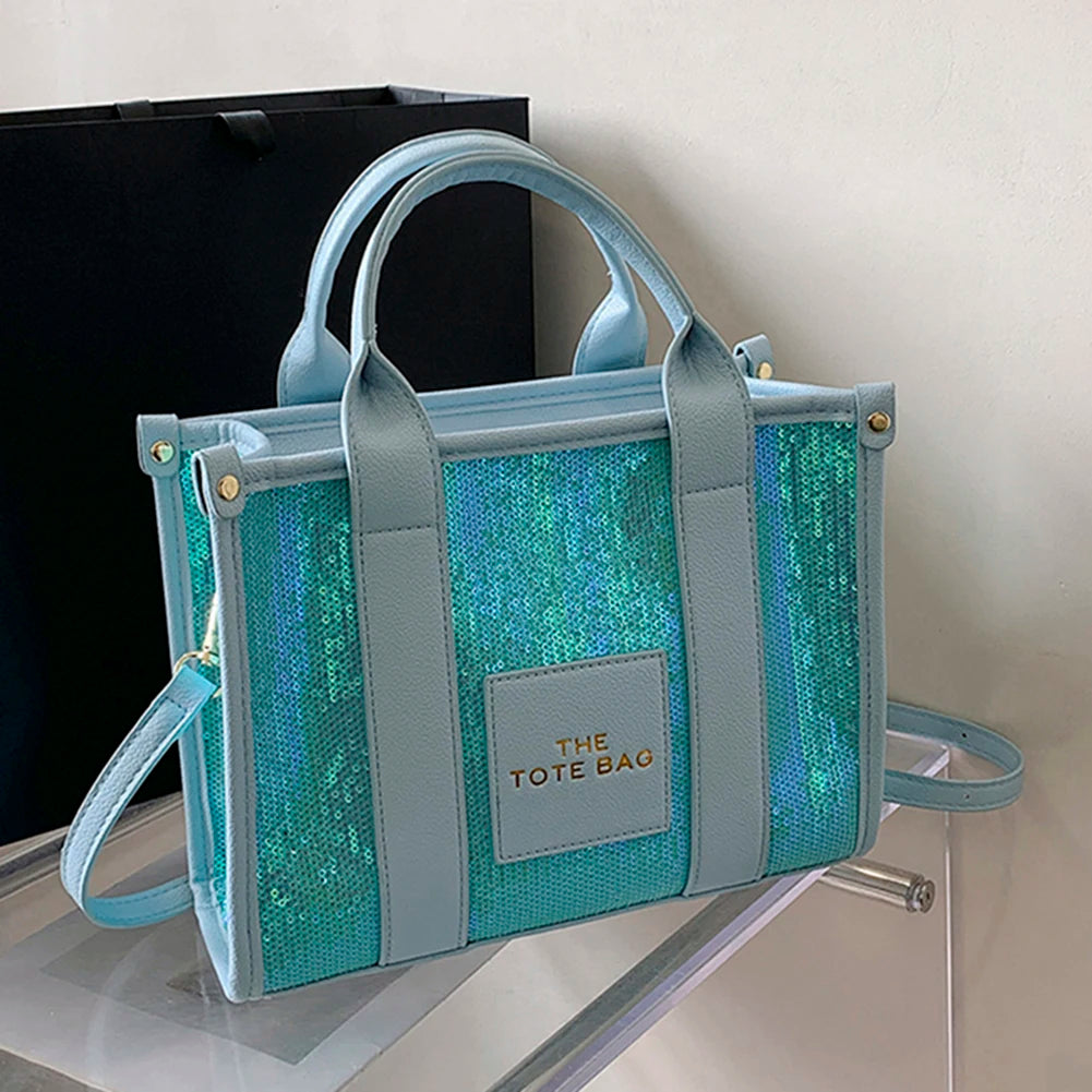 Women’s Shiny Sequin Shoulder Bag | Fashionable PU Leather Top-Handle Tote | Casual Portable Shopper with Adjustable Straps Luxegan