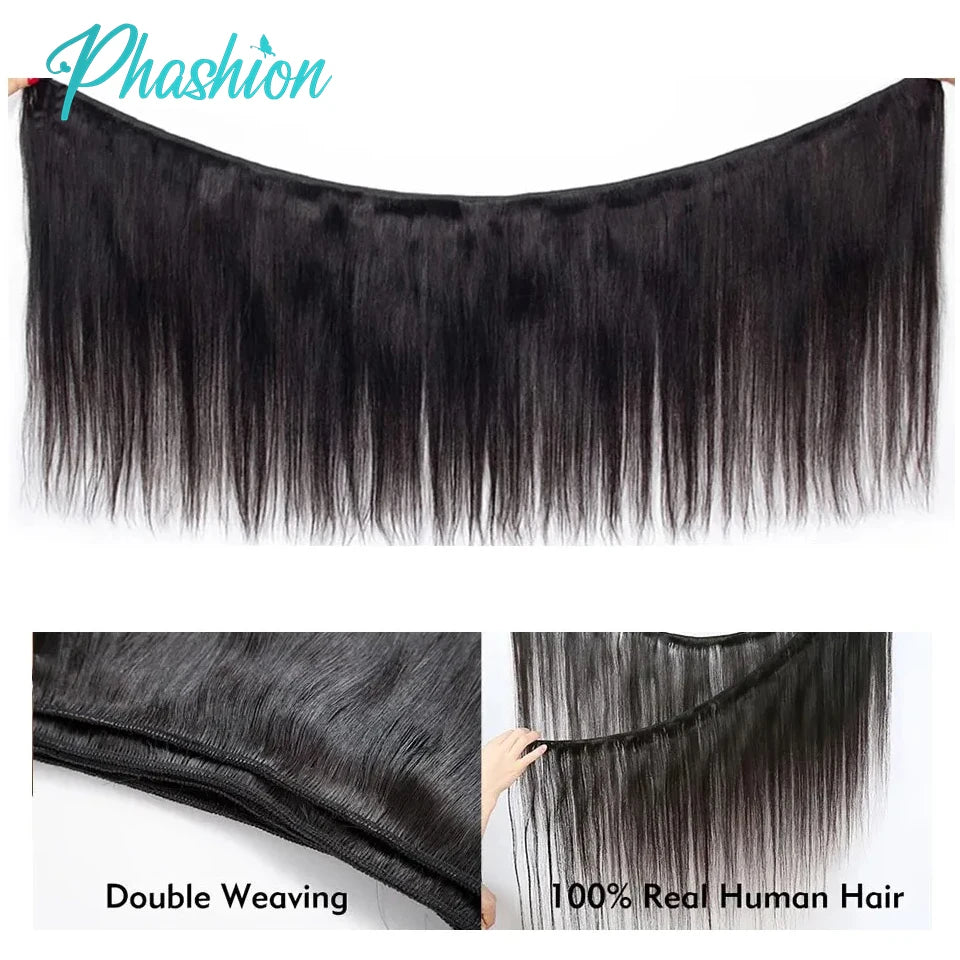 Phashion 2/3 Remy Straight Human Hair Bundles With 2X6 Transparent Lace Closure Brazilian Weave Pre Plucked For Black Women 10A