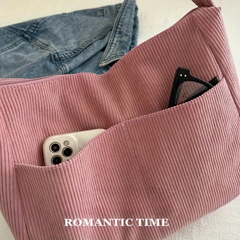 Women's Corduroy Shoulder Bag | Casual Striped Large Capacity Tote with Zipper (Cute Hat Patch, Everyday Use) Luxegan