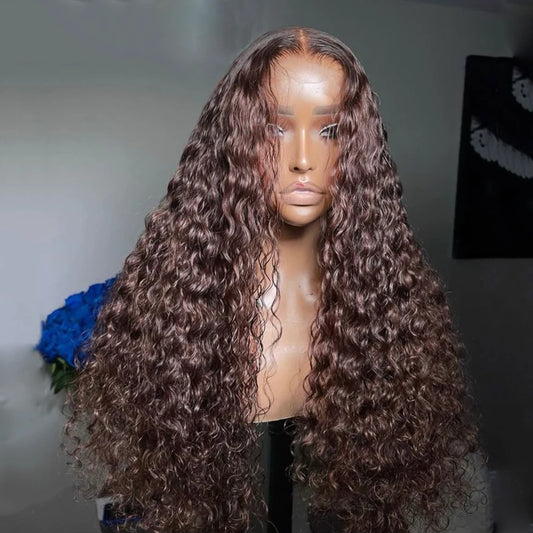 Chocolate Brown Deep Wave Glueless Frontal Wig | Sophisticated 13x4 Light & Medium Brown Lace | Elegant "Bouncy Curly" Silhouette | "Dignified" High-Temperature Fiber for Radiant Versatile Styling Luxegan