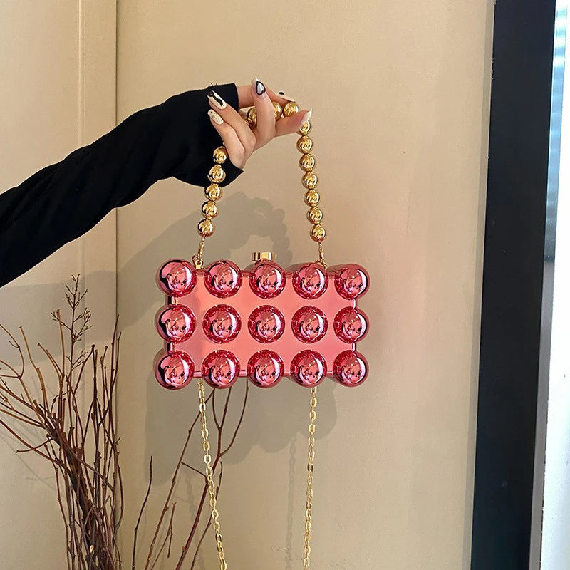 Luxury Acrylic 'Cake Box' Bag | Elegant Gold Beaded Chain Handbag Luxegan