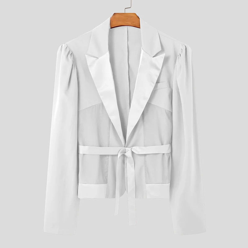 Patchwork Mesh Design Blazer | Sophisticated Splicing Clubwear Silhouette | Elegant "Single Button" Summer Suit Coat | "Dignified" Solid Long-Sleeved Blazer for Radiant Versatile Styling Luxegan