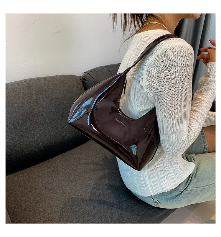 Trendy Designer Solid Shoulder Bags for Women Handbags and Purses | New Fashion Patent Leather Underarm Ladies Tote Bags Luxegan