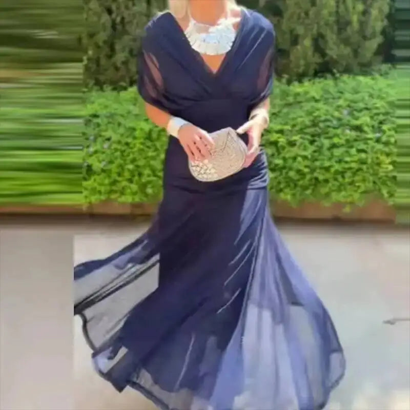 Women's Elegant Floral Print Pleat Party Dress | Bat Sleeve Swing Cocktail A-Line Dress | Korean Style Stand Neck Above-Knee Mini Gown | All-Season Loose Fit Straight Silhouette Model HPSW Luxegan