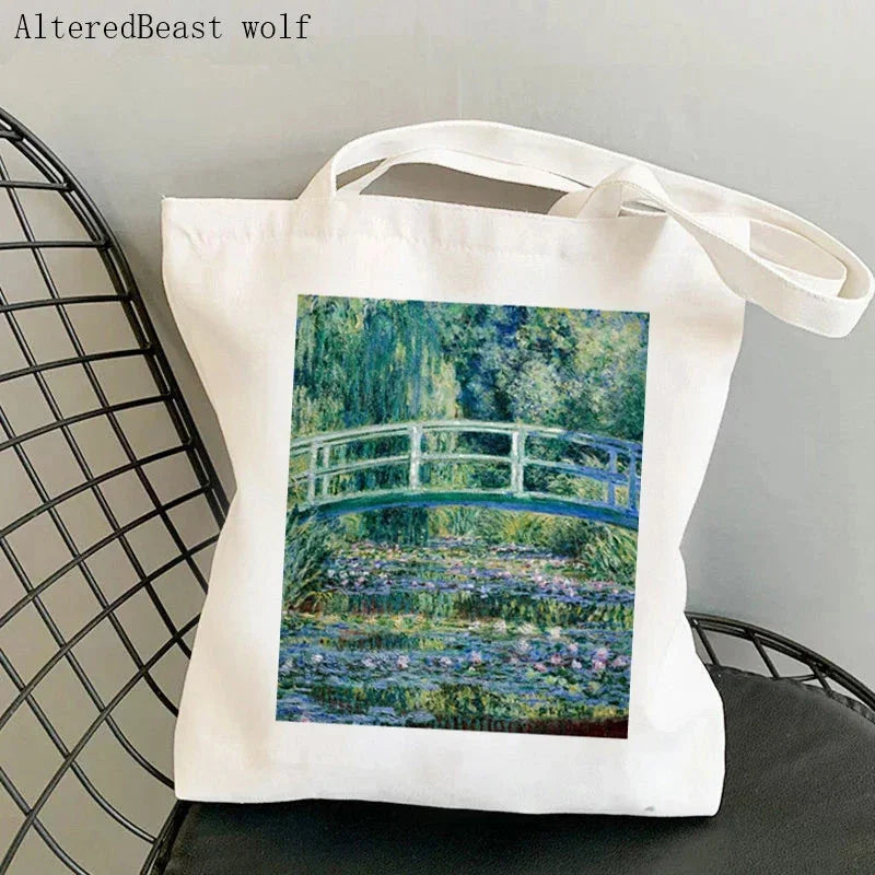 Monet Water Lilies Canvas Shoulder Bag | Sophisticated Kawaii Harajuku Shopping Tote | Elegant Art-Inspired Shopper Handbag | "Dignified" Durable Square Purse for Versatile Daily Styling Luxegan