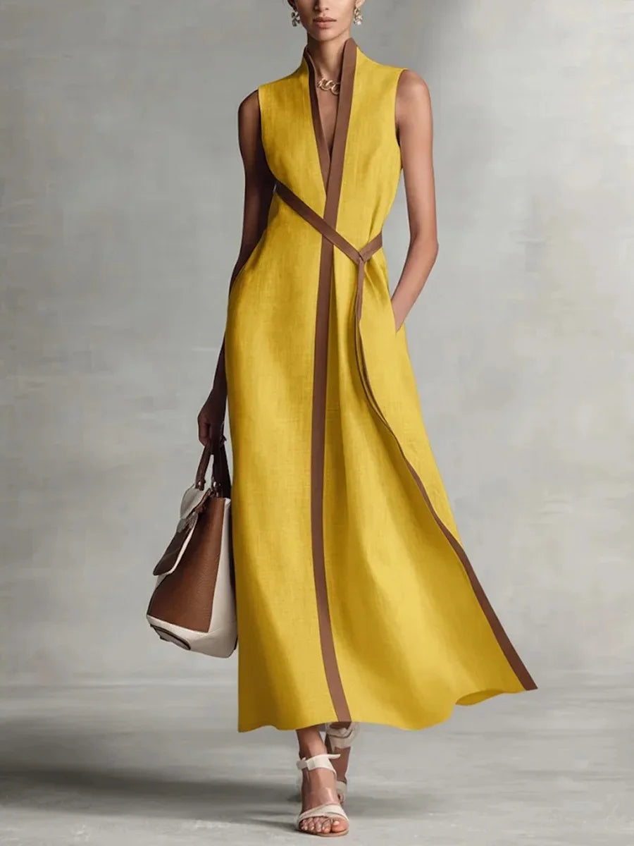 V-Neck Lace-Up Sleeveless Loose Midi Dress | Solid Casual Fashionable Spring Summer Long Dress