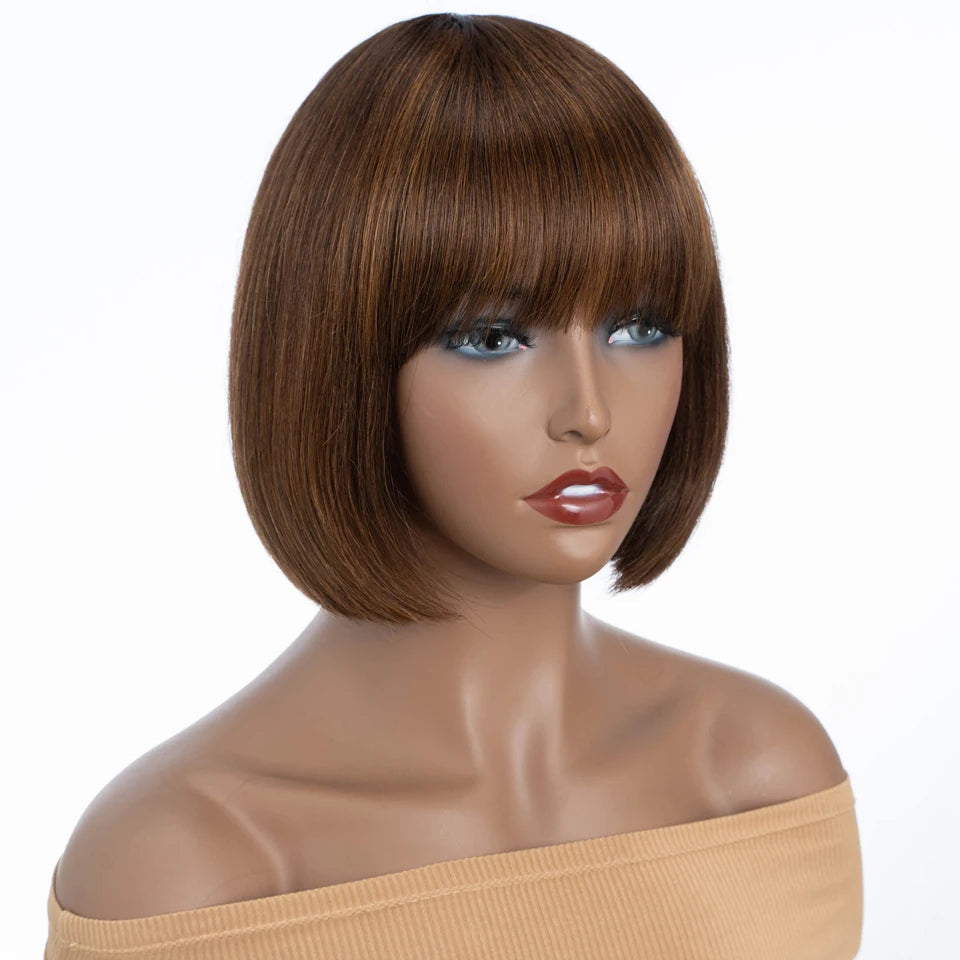 Sleek 613 Blonde Bone Straight Short Bob Human Hair Wig with Bangs | Glueless Full Machine-Made Brazilian Remy Human Hair Wig | Premium 10-Inch Classic Fringe Bob for Women Luxegan