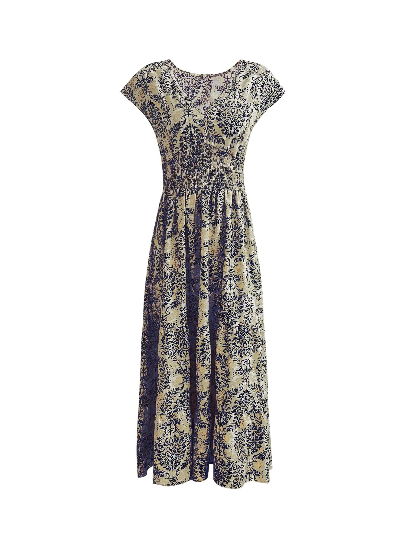 Women's Vintage Floral Printed Long Dress Jumpsuit | Elegant V-Neck Short-Sleeve Maxi | Slim-Fit Ankle-Length Office Lady Summer Gown Luxegan