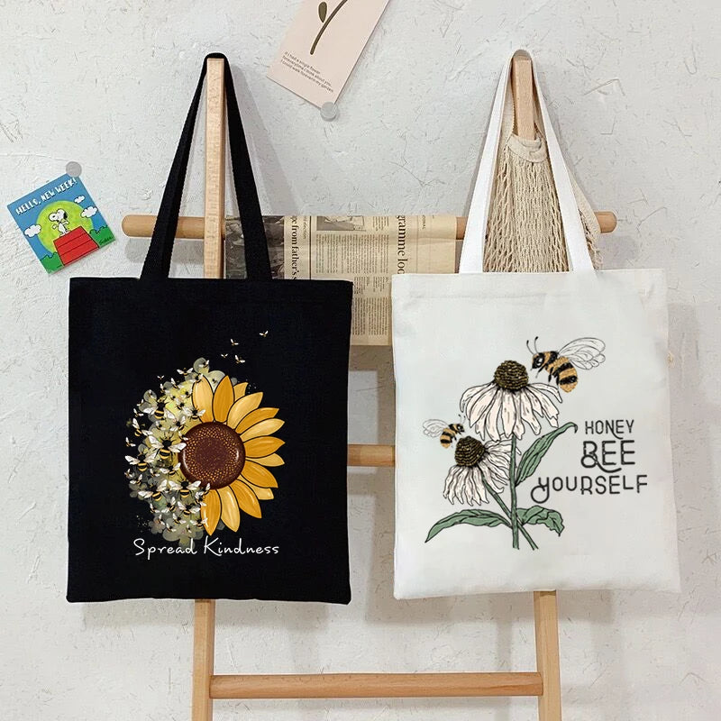 "Spread Kindness" Sunflower Bee Canvas Tote Bag | Versatile Underarm Shoulder Handbag for Commuter, Work & Student Luxegan
