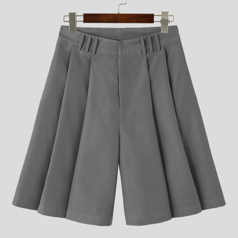 Solid Color Pleated Summer Shorts | Sophisticated Mid-Waist Loose Silhouette | Elegant "Knee-Length" Korean Style Streetwear | "Dignified" Zipper Fly Bottoms for Radiant Versatile Styling Luxegan