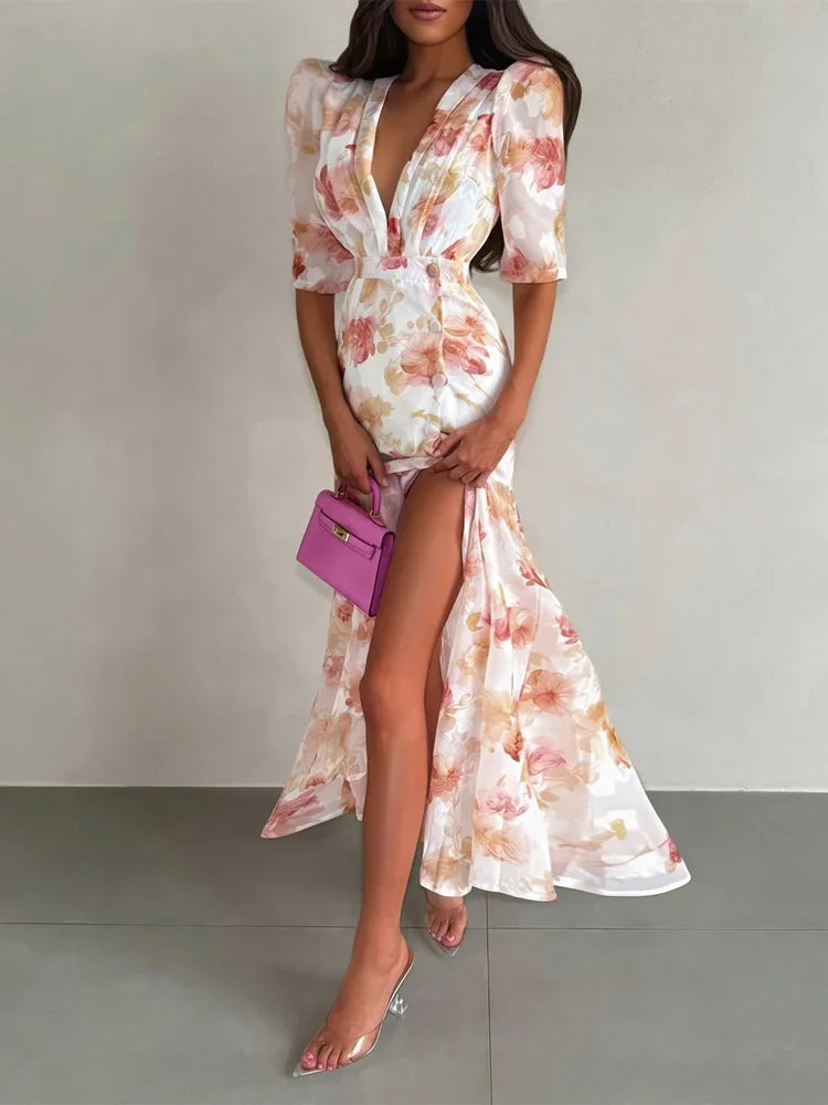 Flutter Sleeves Slim Long Dress Women Casual Pleated Deep V-neck Floral Print High Waist Dresses 2026 Lady Summer Holiday Wear