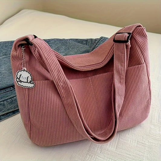 Women's Corduroy Shoulder Bag | Casual Striped Large Capacity Tote with Zipper (Cute Hat Patch, Everyday Use) Luxegan