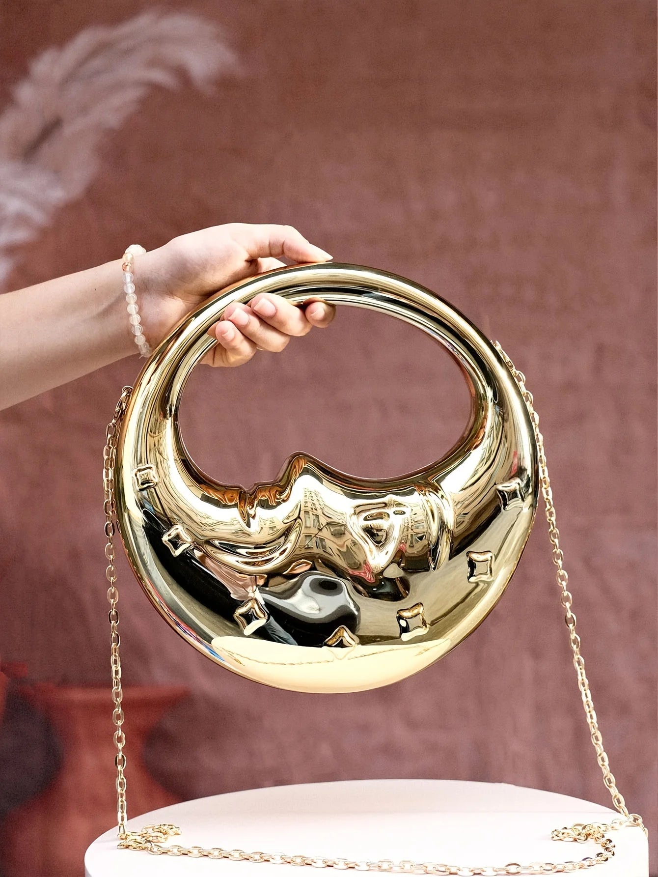 Hard Acrylic Moon Shape Clutch | Gold/Silver Shell Ladies Evening Purse Luxegan