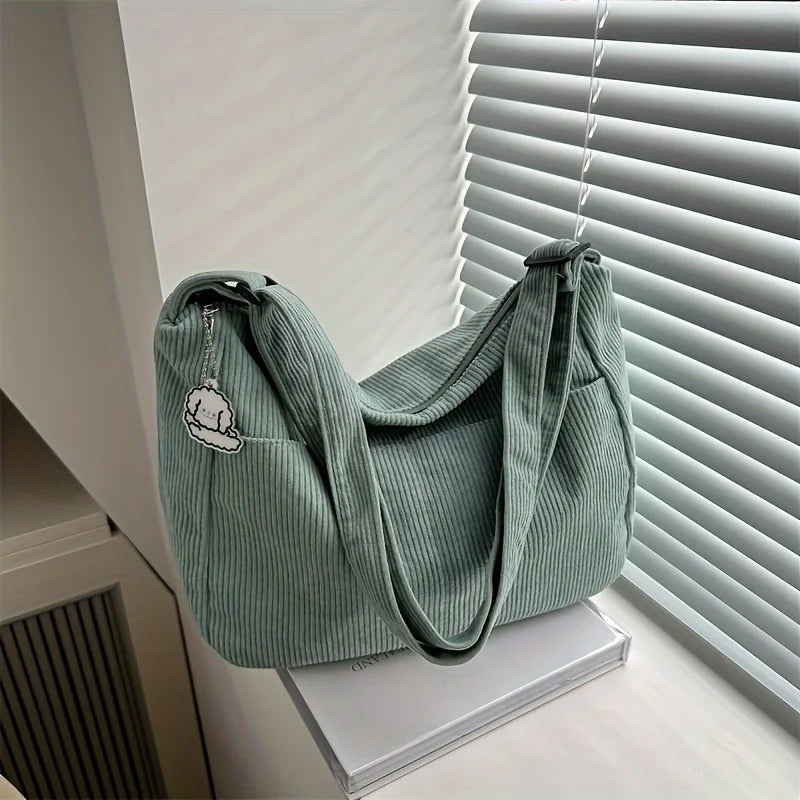 Women's Corduroy Shoulder Bag | Casual Striped Large Capacity Tote with Zipper (Cute Hat Patch, Everyday Use) Luxegan
