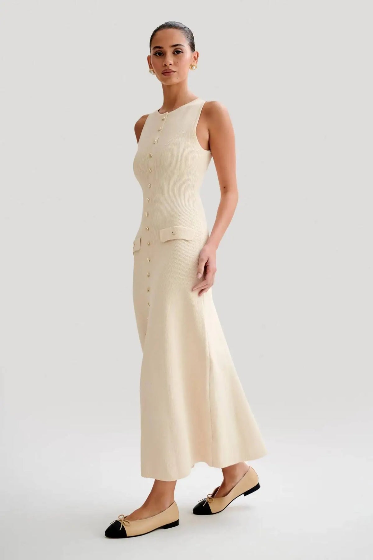 Solid O-Neck Sleeveless Tank Button Detail Slim Fit A-Line Mid-Calf Dress – High Stretch Knitted Polyester, Empire Waist, Summer Luxegan