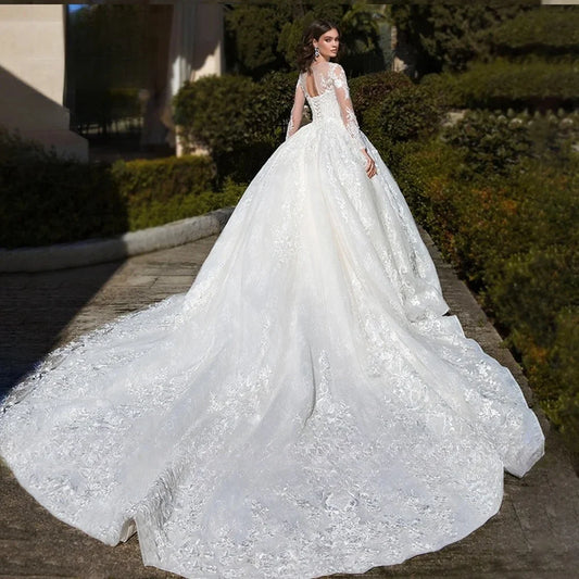 Vestidos de Novia Personalizados Vestido de Novia Manga Larga Encaje Aplicado Escote Redondo Vestido de Novia Vestidos De Novia