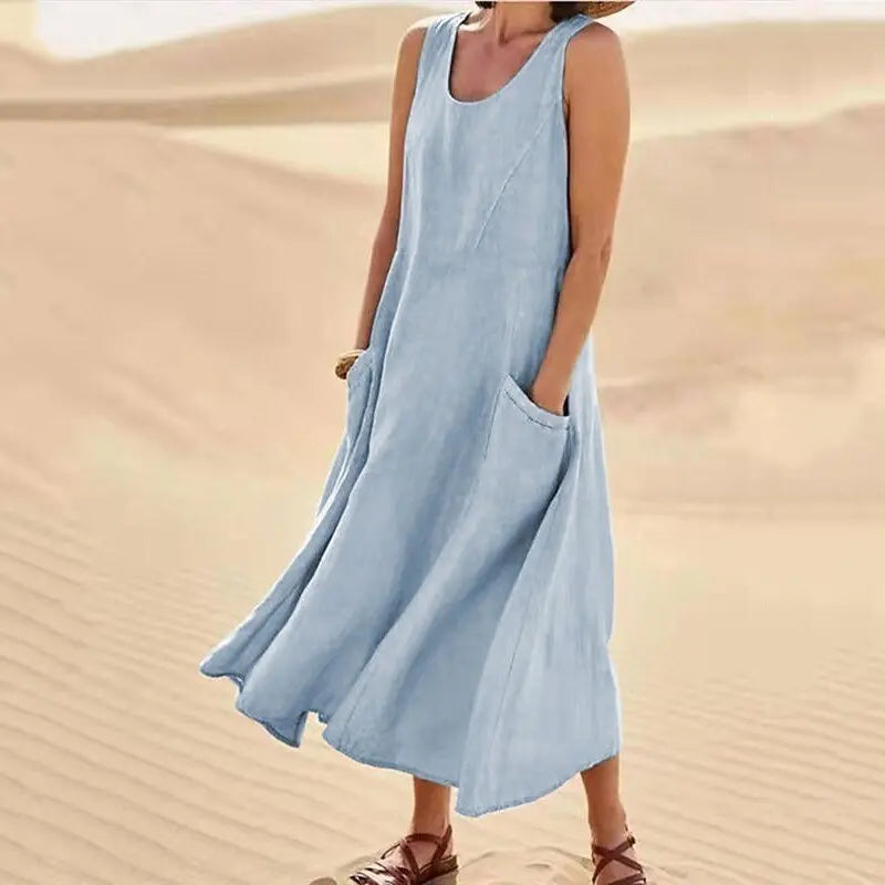 Women's Casual Cotton Linen Sundress | Summer Sleeveless Loose Sand Beachwear Maxi Dress | Elegant Double Big Pocket Oversized Long Dress | Premium High Stretch Regular Fit O-Neck Vestido Model LRFZ-818 Luxegan