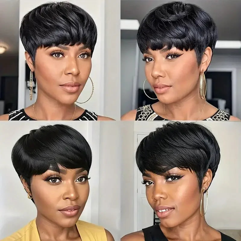 Silky Straight Short Bob Pixie Cut Wig with Bangs - Full Machine-Made Glueless Human Hair Wig - 100% Brazilian Remy Human Hair Natural Color Fringe Wig for Women (Short Length) Luxegan