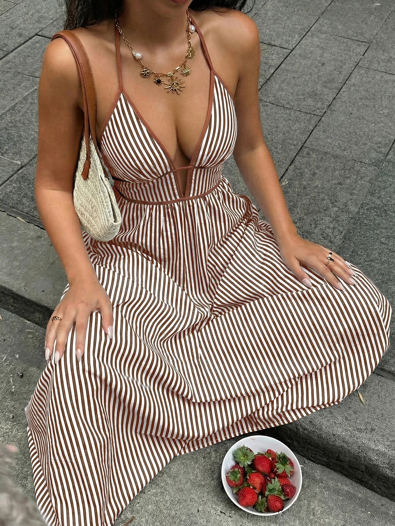 Deep V-Neck Halter Backless Striped Fit & Flare Maxi Dress | Sleeveless Sexy Beach Summer Dress Luxegan