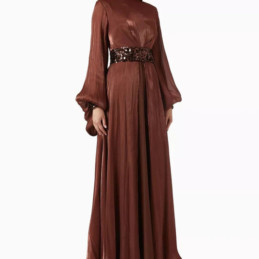 Sequined Draped A-Line Prom Dress | High-Neck Full Sleeve Ankle-Length Evening Gown Luxegan