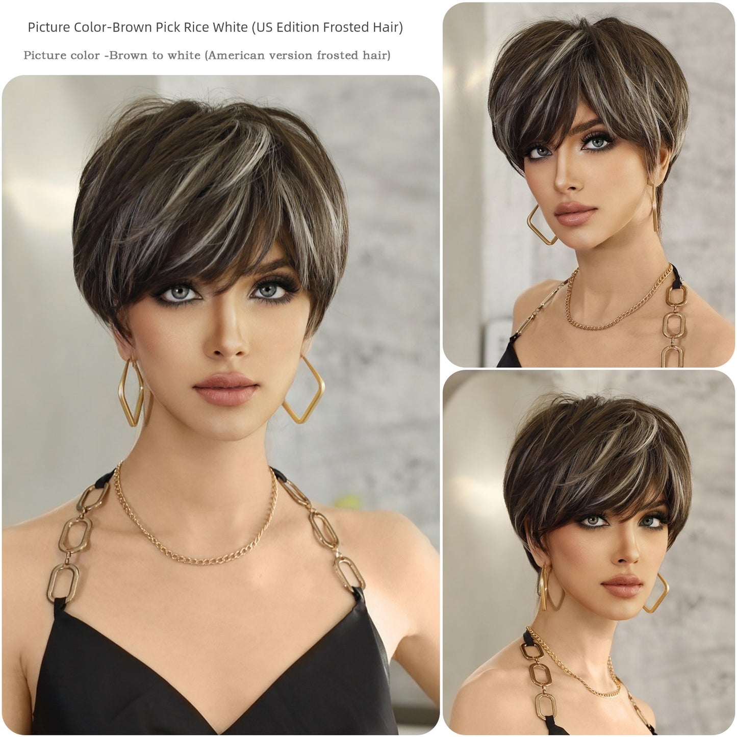 European & American Short Platinum Highlight Black Wig | Full Head Cover Artificial Human Hair Wig for Women (Natural Hairstyle with Oblique Bangs) Luxegan
